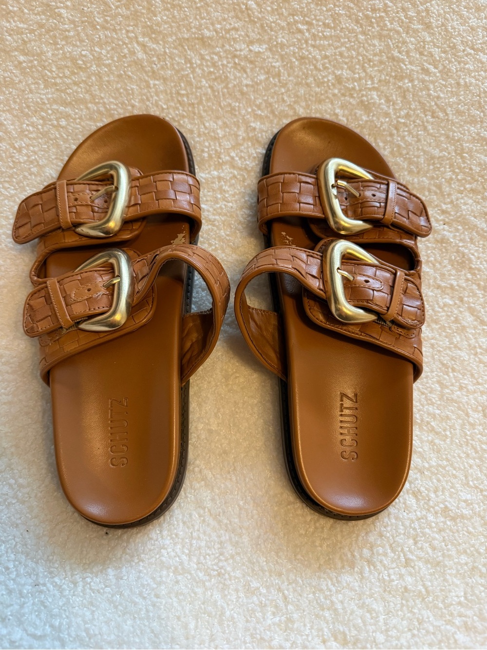 SCHUTZ Cognac Woven Leather Slide Sandals with Gold Buckles